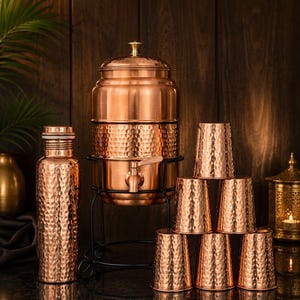 May include: A hammered copper water dispenser with a lid and spigot on a black metal stand, accompanied by a matching hammered copper water bottle and six hammered copper tumblers arranged in a pyramid formation on a dark reflective surface.