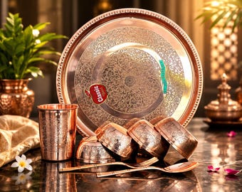 Handcrafted Pure Copper Embossed Dinner Set – 8 Piece Luxury Tableware Gift