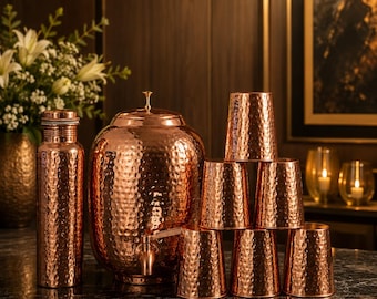 Pure Hammered Copper Water Pot with Brass Tap – 3.5 Liter