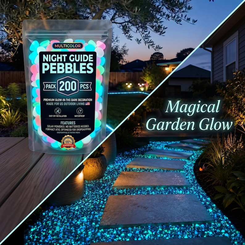 May include: A clear plastic bag containing 200 multicolor glow-in-the-dark pebbles labeled Night Guide Pebbles. The packaging features text including Premium Glow-in-the-Dark Decoration, Easy DIY Installation, Waterproof, and Solar Powered.