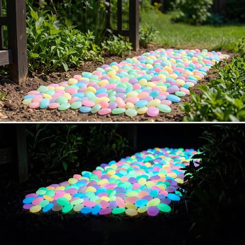 May include: A collection of small, smooth, oval-shaped decorative stones in pastel shades of pink, blue, yellow, and green. The stones are arranged in a path on the ground, appearing as matte colors in daylight and glowing in vibrant neon hues at night.