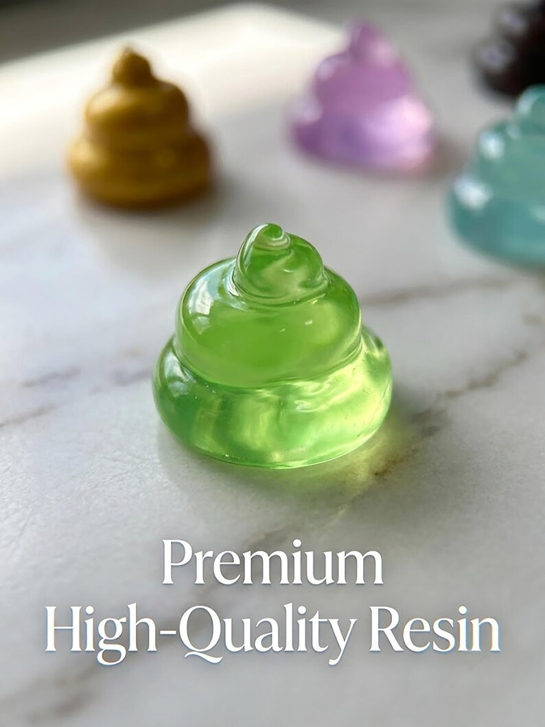May include: A translucent lime green resin figurine shaped like a coiled swirl, positioned in the foreground. In the background, additional resin figurines in gold, purple, and blue are visible. The text "Premium High-Quality Resin" is displayed.
