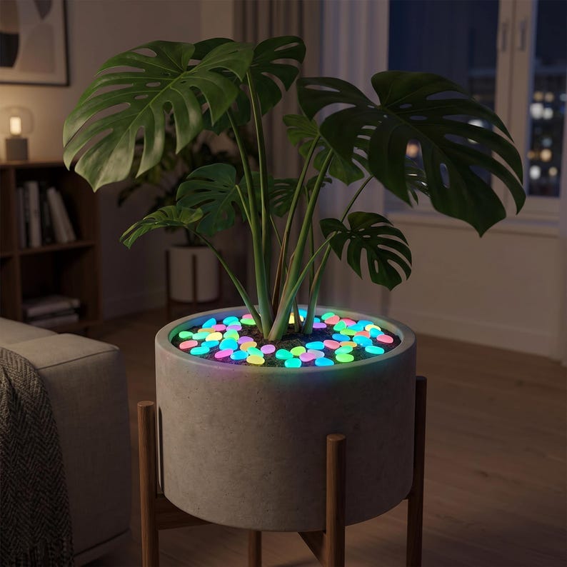 May include: A large green Monstera plant sits in a cylindrical gray concrete planter supported by a wooden stand. The soil surface is covered with small, smooth, glowing pebbles in vibrant shades of blue, pink, green, and yellow light.