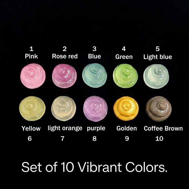 May include: A set of 10 small, round, swirled objects in various colors labeled 1 through 10: Pink, Rose red, Blue, Green, Light blue, Yellow, light orange, purple, Golden, and Coffee Brown. The text at the bottom reads Set of 10 Vibrant Colors.