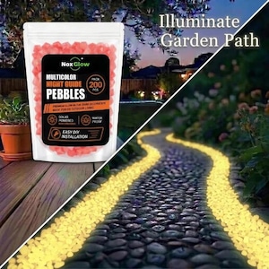 May include: A clear plastic pouch containing 200 pieces of multicolor glow-in-the-dark pebbles labeled Nox Glow Night Guide Pebbles. The packaging features black and orange text. A split-screen view shows the pebbles illuminating a garden path.