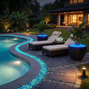 May include: A collection of small, glowing, multicolored pebbles used as decorative accents. These luminous stones are arranged along the curved edge of a swimming pool, inside two large dark planters holding green plants, and in a glass bowl.