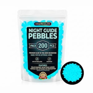 May include: A clear plastic pouch containing 200 bright blue glow-in-the-dark pebbles. The label reads NIGHT GUIDE PEBBLES, PREMIUM GLOW-IN-THE-DARK DECORATION, MADE FOR US OUTDOOR LIVING, SOLAR POWERED, NO BATTERIES NEEDED, and 100% GUARANTEED.