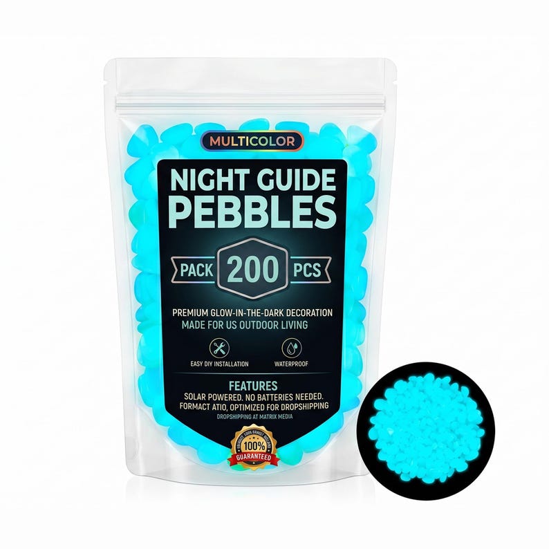 May include: A clear plastic pouch containing 200 bright blue glow-in-the-dark pebbles. The label reads NIGHT GUIDE PEBBLES, PREMIUM GLOW-IN-THE-DARK DECORATION, MADE FOR US OUTDOOR LIVING, SOLAR POWERED, NO BATTERIES NEEDED, and 100% GUARANTEED.
