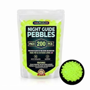 May include: A clear plastic pouch filled with 200 neon yellow glow-in-the-dark pebbles. The label reads MULTICOLOR NIGHT GUIDE PEBBLES PACK 200 PCS. It includes text about solar power, waterproof features, and a 100% guaranteed seal. A circular inset shows the pebbles glowing.