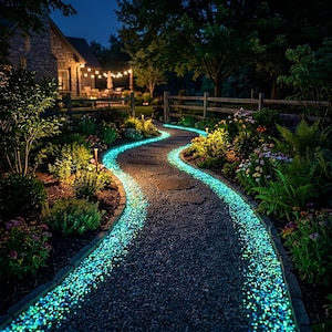 May include: A winding garden path lined with glowing cyan pebbles that illuminate the edges of the walkway. The path is made of dark gray gravel and is surrounded by lush green foliage, flowering plants, and a wooden fence at night.