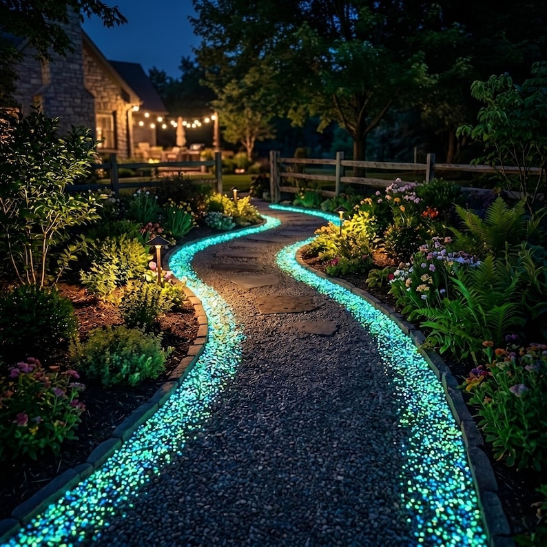May include: A winding garden path lined with glowing cyan pebbles that illuminate the edges of the walkway. The path is made of dark gray gravel and is surrounded by lush green foliage, flowering plants, and a wooden fence at night.