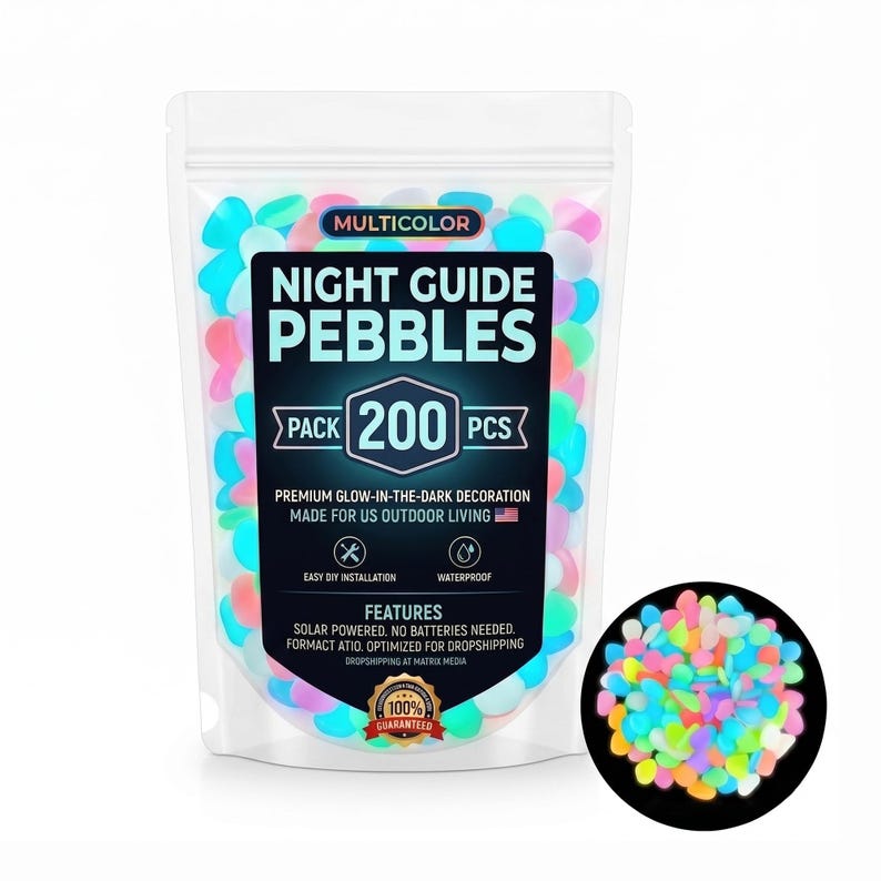 May include: A clear plastic pouch containing 200 multicolor glow-in-the-dark pebbles. The label reads NIGHT GUIDE PEBBLES, PACK 200 PCS, PREMIUM GLOW-IN-THE-DARK DECORATION, MADE FOR US OUTDOOR LIVING, EASY DIY INSTALLATION, WATERPROOF, SOLAR POWERED.