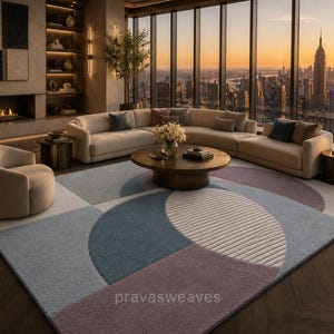 Hand Tufted Geometric Area Rug, Modern Abstract Arch Design, Ivory Mauve Blue Contemporary Carpet