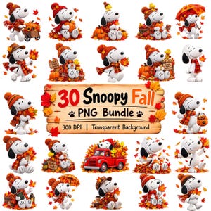 May include: A digital collection of 30 Snoopy illustrations featuring the character in various autumn scenes with pumpkins, fall leaves, plaid scarves, hats, and a red truck. The central wooden sign displays the text 30 Snoopy Fall PNG Bundle.