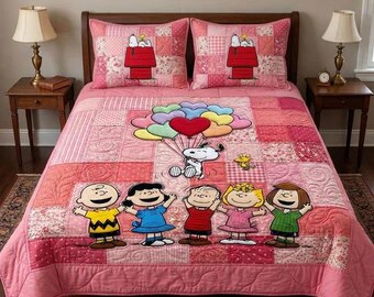 Juego de ropa de cama con edredón de retazos de globos y corazones de la pandilla de Peanuts en rosa, con linda manta acogedora de Snoopy y Charlie Brown, decoración para dormitorio de niñas, regalo de San Valentín