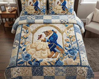 Juego de ropa de cama con edredón "La Bella y la Bestia: Un cuento tan antiguo como el tiempo", elegante manta de princesa Disney, decoración floral romántica para dormitorio, regalo de boda.