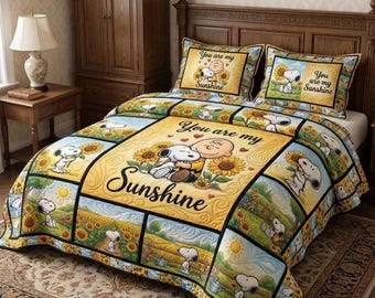 Juego de ropa de cama con edredón de retazos de girasoles y el alegre Snoopy "Eres mi rayo de sol", manta acogedora de color amarillo brillante, decoración divertida para la habitación de los niños, regalos para fans.