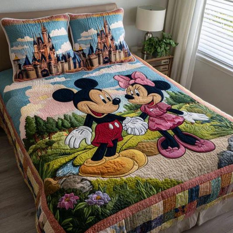 May include: A quilted bedspread and two pillowcases featuring a Disney theme. The bedspread showcases Mickey and Minnie Mouse, with a castle backdrop. The pillowcases display the castle. The color palette includes blues, greens, pinks, and yellows.