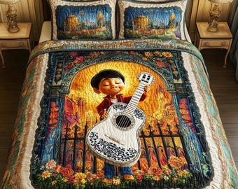 Juego de ropa de cama Disney Coco Miguel tocando la guitarra, edredón con vibrante decoración floral mexicana, manta acogedora, divertida idea de regalo para el dormitorio de los niños y los fans de los dibujos animados.