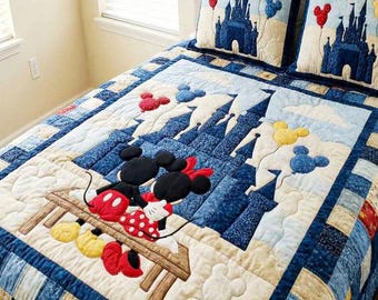 Romantic Mickey And Minnie Mouse Disney Castle Quilt Bedding Set Cute Balloon Cozy Blanket Sweet Couple Bedroom Decor Valentine Gift