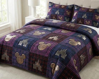 Juego de ropa de cama con edredón estilo Dark Academia con diseño de castillo de Disney y silueta de Mickey Mouse, manta acogedora a cuadros morados, decoración gótica para dormitorio, regalo único para fans.