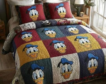 Juego de ropa de cama clásico con edredón de retazos con la cara del Pato Donald, manta acogedora y colorida, divertida decoración de dormitorio infantil de Disney, regalos únicos de dibujos animados