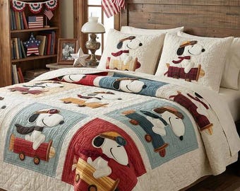 Juego de ropa de cama con edredón de patchwork de Snoopy para actividades diarias, manta acogedora y colorida, decoración divertida para el dormitorio infantil, idea de regalo para fans de Peanuts