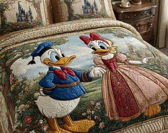 Vintage Donald und Daisy Duck Quilt Bettwäsche Set Disney Schloss Gewebte Stil Decke Romantisches Schlafzimmer Dekor Geschenk für Paare Süßes Zimmer