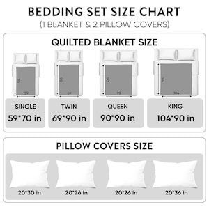 May include: A bedding set size chart detailing dimensions for quilted blankets and pillow covers. The chart shows sizes for single (150 x 178 cm), twin (175 x 229 cm), queen (229 x 229 cm), and king (264 x 229 cm) blankets, and pillow covers.