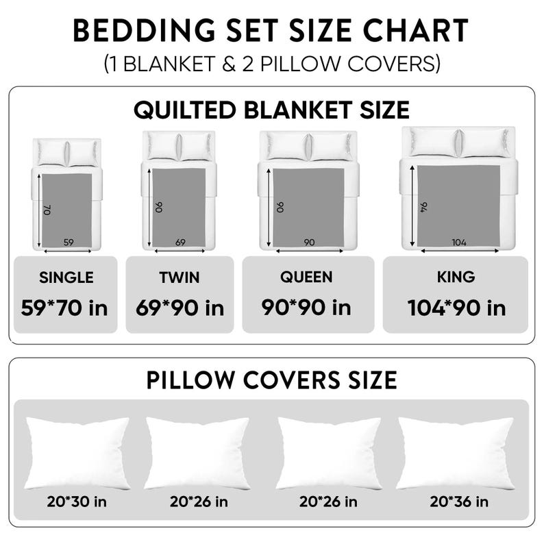 May include: A bedding set size chart detailing dimensions for quilted blankets and pillow covers. The chart shows sizes for single (150 x 178 cm), twin (175 x 229 cm), queen (229 x 229 cm), and king (264 x 229 cm) blankets, and pillow covers.