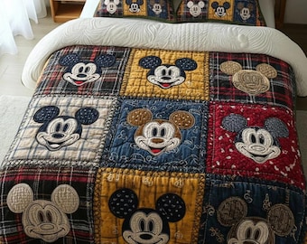 Rustic Mickey Mouse Face Patchwork Quilt Bedding Set Plaid And Denim Style Cozy Blanket Disney Room Decor For Kids And Adult Bedrooms