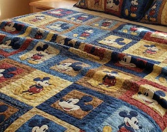 Juego de ropa de cama clásico de Mickey Mouse y sus amigos, edredón de patchwork con borde colorido, manta acogedora, divertida decoración para el dormitorio infantil de Disney, regalos para fans.