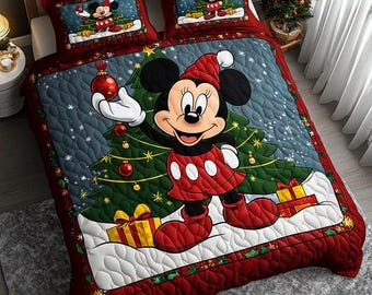 Juego de ropa de cama clásico de Minnie Mouse con edredón de árbol de Navidad, adorno rojo, manta acogedora de invierno nevado, decoración festiva de habitación Disney, regalo para niños fanáticos
