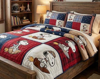 Cute Snoopy And Sunflower Patchwork Quilt Bedding Set Blue And Yellow Cozy Blanket Fun Nature Theme Bedroom Decor Peanuts Fan Gift