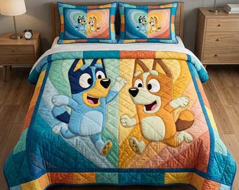 Lindo juego de ropa de cama con edredón geométrico colorido de Bluey y Bingo, divertida manta acogedora de patchwork de arcoíris, decoración para dormitorio infantil, el mejor regalo para los amantes de los perros.