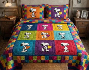 Bright Colorful Snoopy Heart Patchwork Quilt Bedding Set Fun Rainbow Block Cozy Blanket Cute Kids Bedroom Decor Peanuts Fan Gifts