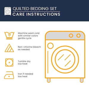 May include: Image showing care instructions for a quilted bedding set. Symbols indicate machine wash cold, non-chlorine bleach, tumble dry low heat, and iron if needed on low heat. Text reads "QUILTED BEDDING SET CARE INSTRUCTIONS."