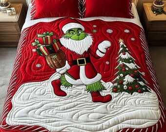Juego de ropa de cama navideño clásico del Grinch con traje de Papá Noel, manta acogedora con fondo rojo festivo, decoración divertida para el dormitorio en estas fiestas, idea de regalo para fans.
