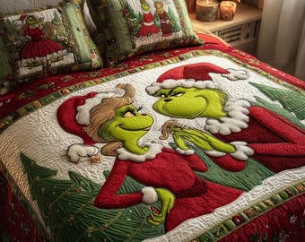Juego de ropa de cama navideño con edredón de pareja romántica del Grinch, manta acogedora festiva roja y verde, decoración divertida para el dormitorio en estas fiestas, regalos para enamorados y fans.