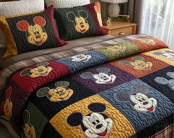 Juego de ropa de cama clásico con edredón de retazos con la cara de Mickey Mouse, bloques oscuros y coloridos, manta acogedora, decoración vintage de Disney para dormitorio, regalos para fans.