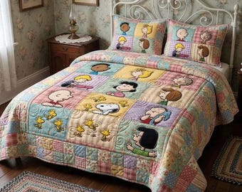 Juego de ropa de cama con edredón patchwork de la pandilla de Peanuts en tonos pastel suaves. Manta acogedora con diseño de Charlie Brown y Snoopy. Decoración vintage para dormitorio infantil. Regalo ideal para fans.
