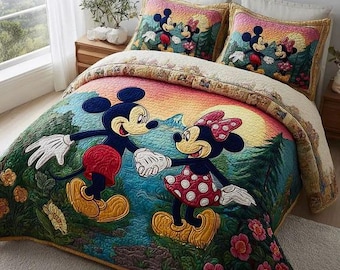 Juego de ropa de cama con edredón romántico de Mickey y Minnie Mouse con paisaje de montaña, hermosa manta acogedora con puesta de sol, decoración para el dormitorio de parejas, regalos