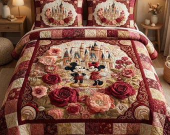 Elegante juego de ropa de cama con edredón floral del Castillo de Disney de Mickey y Minnie Mouse, hermosa manta acogedora de rosas rojas, decoración romántica para el dormitorio de parejas.