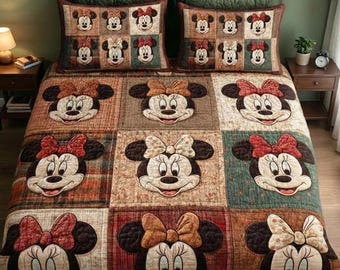 Juego de ropa de cama clásico con edredón de retazos con la cara de Minnie Mouse, cálido y colorido, con borde acogedor, divertido, decoración para el dormitorio de niñas Disney, regalos para fans