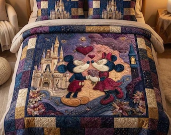 Romantic Mickey And Minnie Mouse Kissing Disney Castle Quilt Bedding Set Purple Starry Night Cozy Blanket Couple Bedroom Decor Gifts