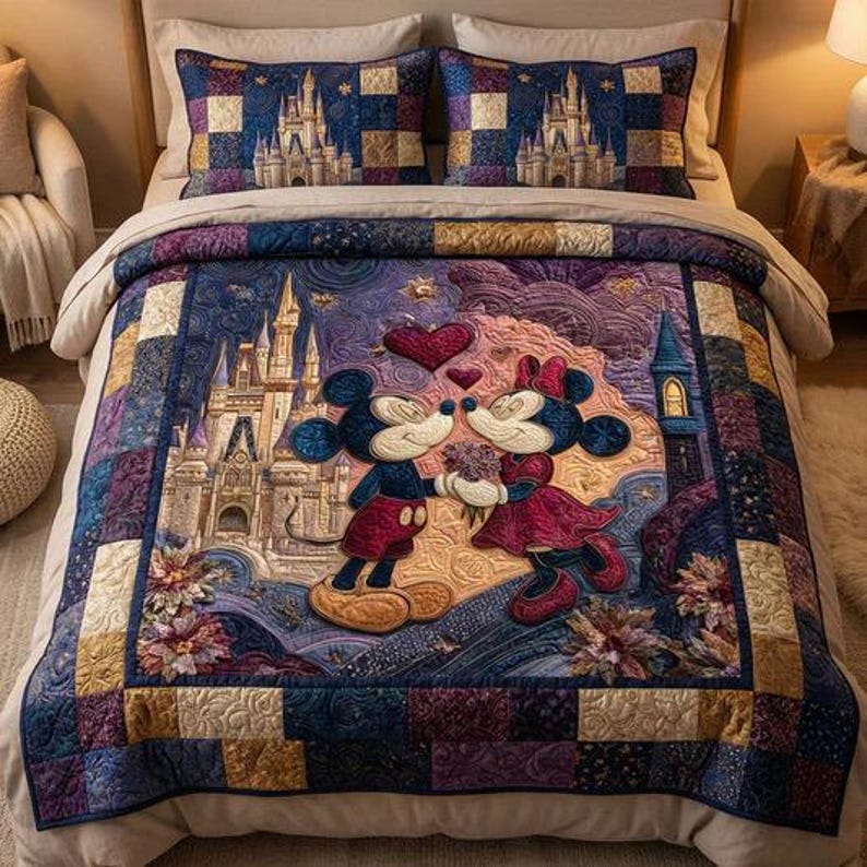 May include: A Disney-themed quilt set featuring Mickey and Minnie Mouse kissing in front of a castle. The quilt has a patchwork design with shades of blue, purple, and gold. Two matching pillowcases with castle designs complete the set.
