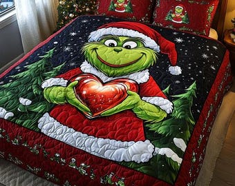 Festive Grinch Holding Glowing Red Heart Christmas Quilt Bedding Set Dark Snowy Pine Tree Cozy Blanket Fun Holiday Room Decor Gifts