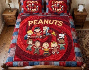 Juego de ropa de cama con edredón de estampado retro de la pandilla de Peanuts con remolinos rojos. Manta acogedora clásica de Charlie Brown y Snoopy. Divertida decoración para el dormitorio infantil. Regalo ideal para fans.