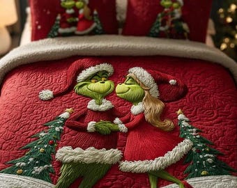 Juego de ropa de cama navideña con edredón de la pareja del Grinch en un bosque nevado, fondo rojo festivo, manta acogedora, decoración romántica para la habitación en estas fiestas, regalo para fans.