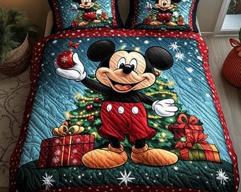 Classic Mickey Mouse Christmas Tree Quilt Bedding Set Red And Blue Snowy Holiday Decor Cozy Winter Blanket Gift For Kids And Fans